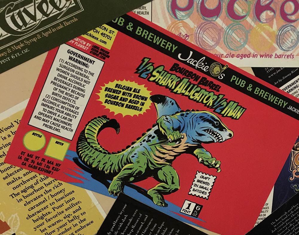 photo of shark alligator man beer label from jackie o's with art by sandy plunkett