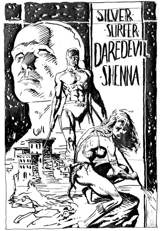 ink rough - drawing of silver surfer, daredevil, and shenna by sandy plunkett